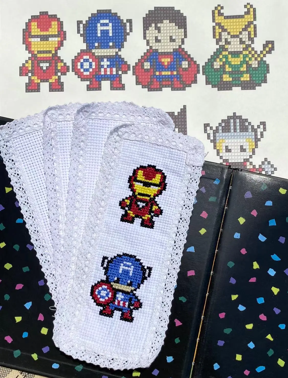 11ct easy counted cross stitch bookmarks for beginners, cute cartoon avengers patterns fit for kids cross stitch starters