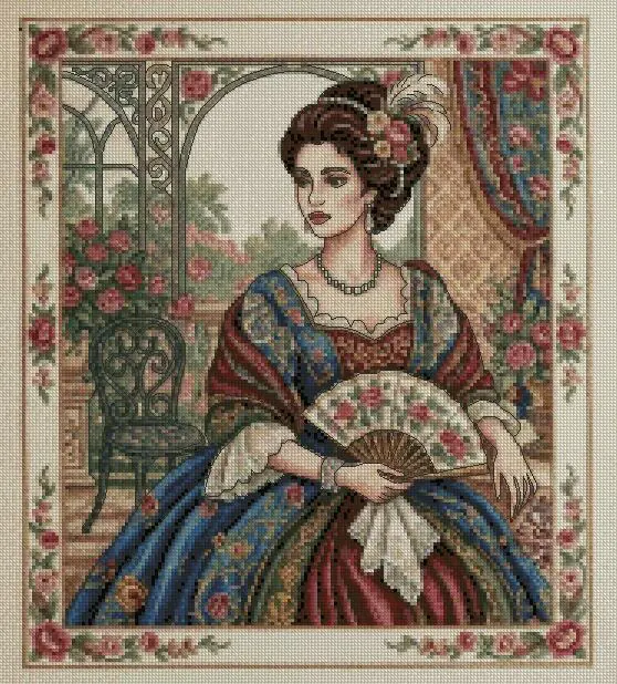 an Elegant Lady with Fan, Classical Beauty Sampler wall Decor DIY, 14ct Cotton Counted Cross Stitch kit,180x180 Stitch, 33x33cm for Advanced Experienced Cross Stitch kit
