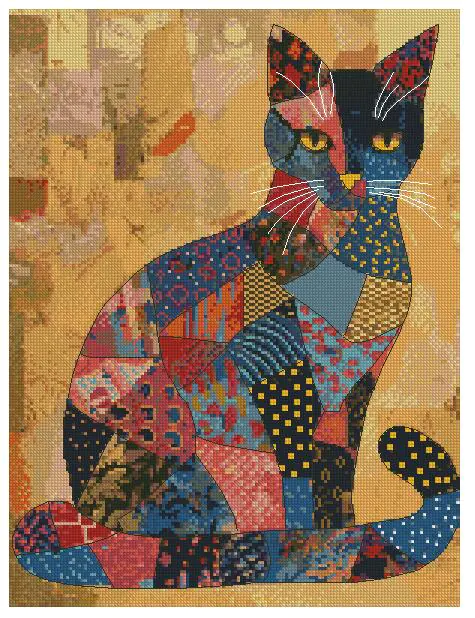 patchwork cat cross stitch cat,mysterious cat cross stitch full coverage cross stitch kit